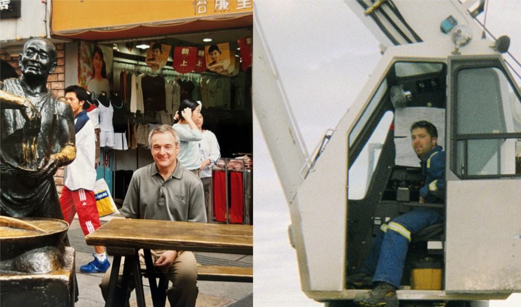 Left: Barry Strauss in Wuhan China, 2004. Right: Matt Meyer in an RGZ Crane, 2005.